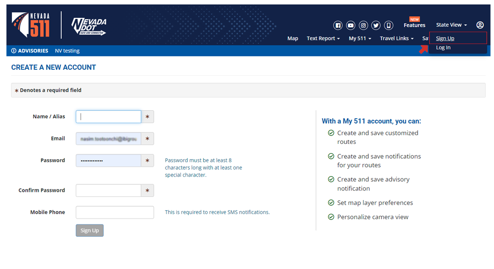 Signing up with Nevada 511